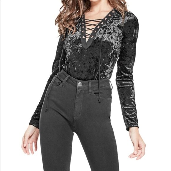 Guess Natalia crushed velvet bodysuit L NEW - Picture 1 of 5